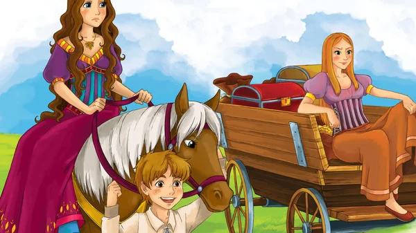 cartoon scene with princess on the horse - young boy holding animal - other girl sittng on wooden cart - illustration for children