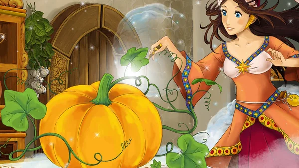 Cartoon Scene Woman Sorceress Kitchen Casting Spell Pumpkin Illustration Children — Stock Photo, Image