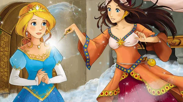 cartoon scene with two women - princess and sorceress - illustration for children