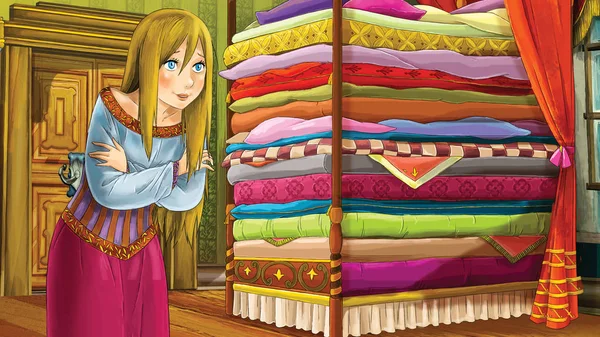 Cartoon Scene Young Tired Princess Looking Big Bed Illustration Children — Stock Photo, Image