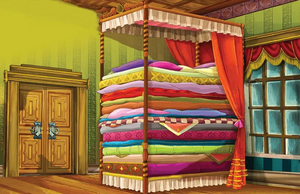 Cartoon Scene Some Palace Sleeping Room Tall Bed Illustration Children — Stock Photo, Image