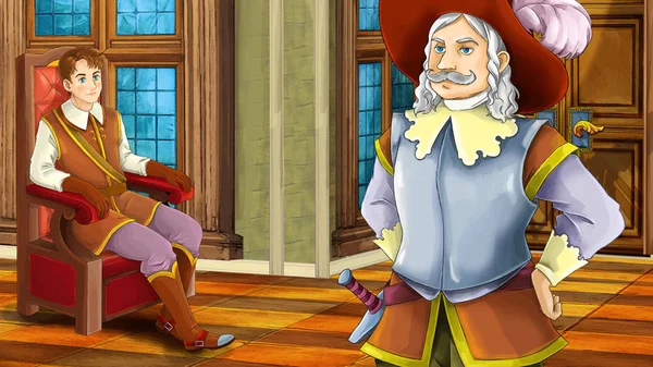 cartoon scene with king and prince in some castle room - illustration for children