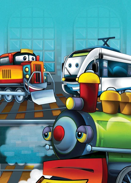 Cartoon Scene Happy Funny Looking Trains Illustration Children — Stock Photo, Image