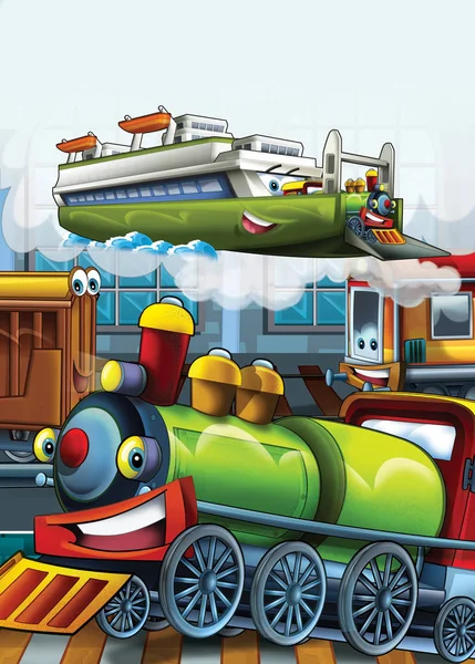 Cartoon Scene Happy Funny Looking Trains Boat Illustration Children — Stock Photo, Image