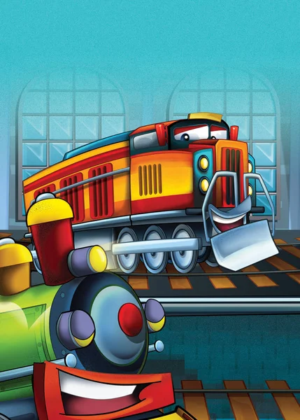 Cartoon Scene Happy Funny Looking Trains Illustration Children — Stock Photo, Image