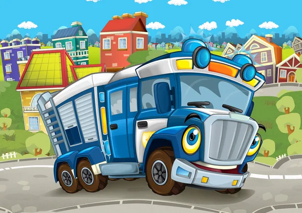 Cartoon Scene Police Truck Street Illustration Children — Stock Photo, Image