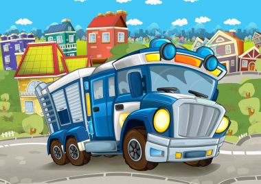 Polis kamyonu sokakta - illüstrasyon çocuklar için çizgi film sahne