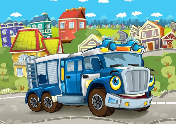 cartoon scene with police truck on the street - illustration for children