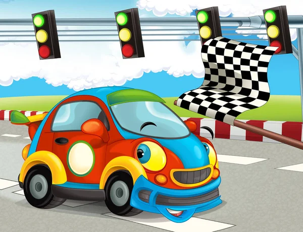 卡通有趣和快乐的赛车在赛道上 儿童插画 — 图库照片
