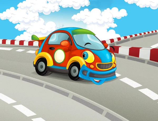 Desenho Animado Engraçado Feliz Olhando Carro Corrida Pista Corrida Ilustração — Fotografia de Stock