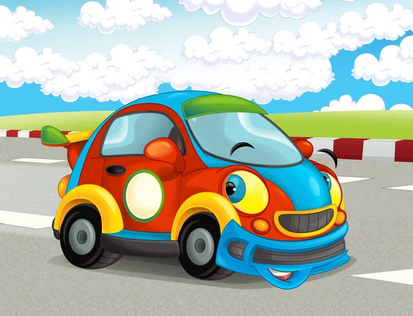 Cartoon Funny Happy Looking Racing Car Race Track Illustration Children — Stock Photo, Image