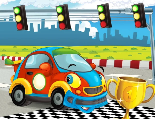Cartoon Lustig Und Glücklich Aussehender Rennwagen Auf Der Rennstrecke Illustration — Stockfoto