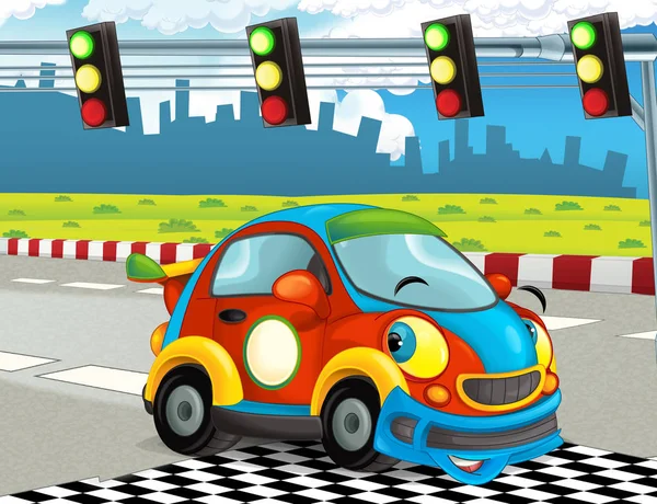 Dessin Animé Drôle Heureux Voiture Course Sur Piste Course Illustration — Photo