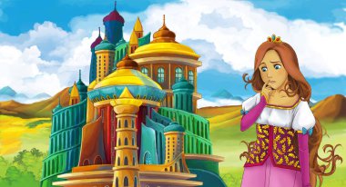 çizgi film sahne Ortaçağ Kalesi - çocuklar için illüstrasyon yakınındaki güzel kızla