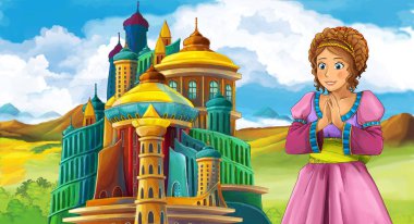 çizgi film sahne Ortaçağ Kalesi - çocuklar için illüstrasyon yakınındaki güzel kızla