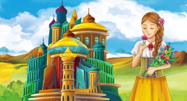 çizgi film sahne Ortaçağ Kalesi - çocuklar için illüstrasyon yakınındaki güzel kızla