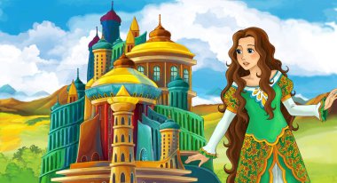 çizgi film sahne Ortaçağ Kalesi - çocuklar için illüstrasyon yakınındaki güzel kızla