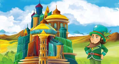 castle - çocuklar için illüstrasyon yakınındaki ayakta mutlu asil cüce ile çizgi film sahne