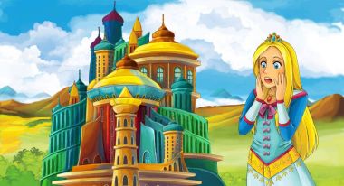 çizgi film sahne Ortaçağ Kalesi - çocuklar için illüstrasyon yakınındaki güzel kızla