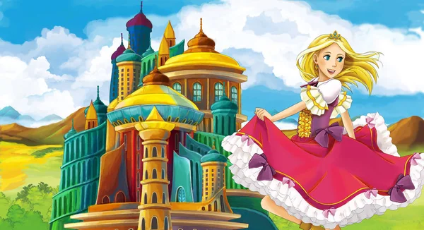 Cartoon Scene Beautiful Girl Medieval Castle Illustration Children — Stock Photo, Image