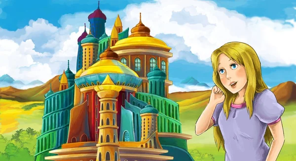 Escena Dibujos Animados Con Hermosa Chica Cerca Del Castillo Medieval — Foto de Stock