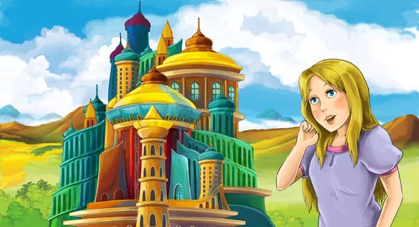 Scène Dessin Animé Avec Belle Fille Près Château Médiéval Illustration — Photo