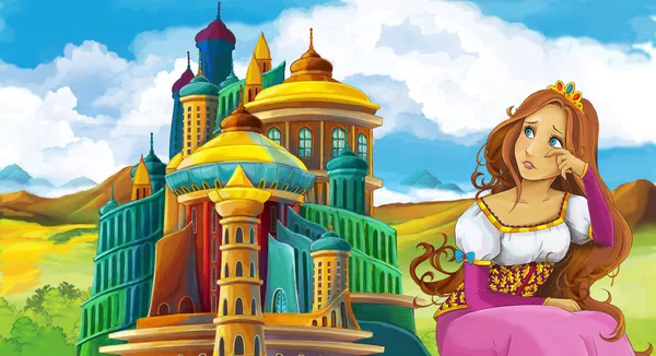 Zeichentrickszene Mit Schönem Mädchen Der Nähe Der Mittelalterlichen Burg Illustration — Stockfoto