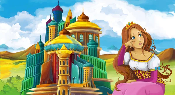 Scène Dessin Animé Avec Belle Fille Près Château Médiéval Illustration — Photo