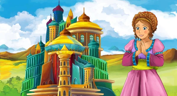 çizgi film sahne Ortaçağ Kalesi - çocuklar için illüstrasyon yakınındaki güzel kızla