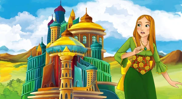 Scène Dessin Animé Avec Belle Fille Près Château Médiéval Illustration — Photo