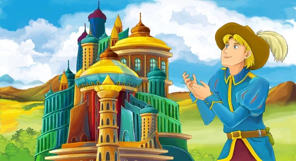 Zeichentrickszene Mit Prinz Der Nähe Der Mittelalterlichen Burg Illustration Für — Stockfoto