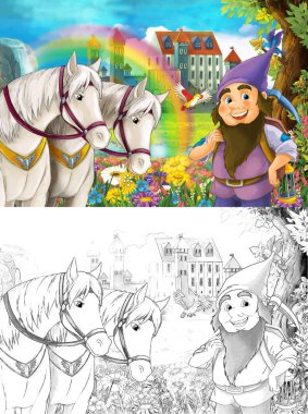 sahne ile cüce yakınındaki bazı güzel gökkuşağı şelale ve çocuklar için - ile sayfa boyama - Ortaçağ Kalesi illüstrasyon karikatür