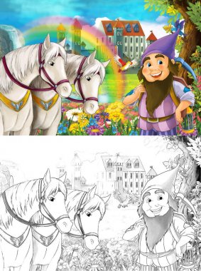 sahne ile cüce yakınındaki bazı güzel gökkuşağı şelale ve çocuklar için - ile sayfa boyama - Ortaçağ Kalesi illüstrasyon karikatür