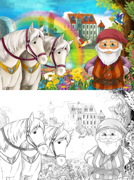 Cartoon Scene Dwarf Some Beautiful Rainbow Waterfall Medieval Castle Coloring — Stock Photo, Image