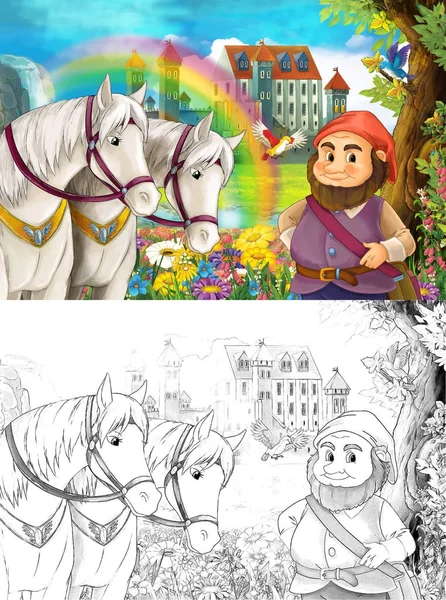 卡通场面与矮小在一些美丽的彩虹瀑布和中世纪城堡附近 与着色页 孩子的例证 — 图库照片