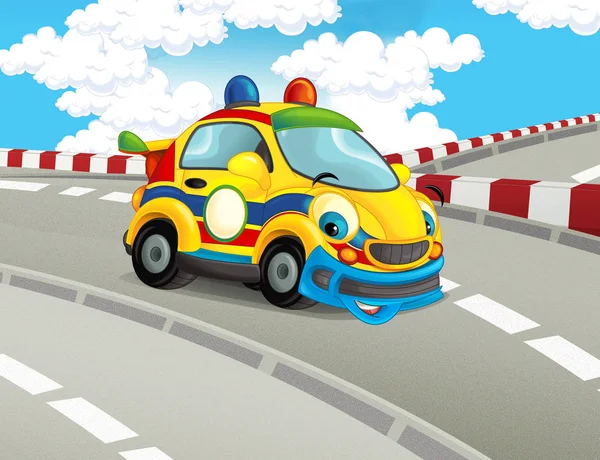 Cartoon Lustig Und Glücklich Aussehender Rennwagen Auf Der Rennstrecke Illustration — Stockfoto