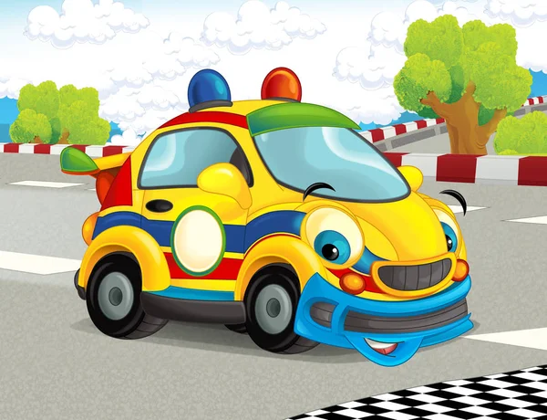Мультфильм Смешной Счастливый Гоночный Автомобиль Гоночной Трассе Иллюстрация Детей — стоковое фото