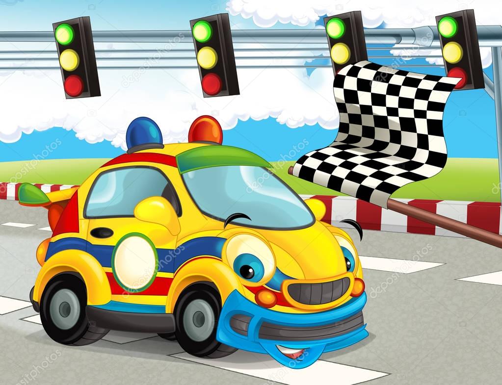 cartoon funny and happy looking racing car on race track - illustration for children