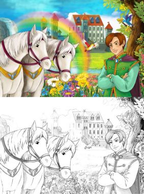 çizgi film sahne Prens ya da bazı güzel gökkuşağı şelale ve Ortaçağ Kalesi - illüstrasyon çocuklar için Kral ile 