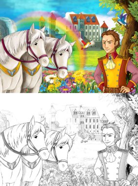 çizgi film sahne Prens ya da bazı güzel gökkuşağı şelale ve Ortaçağ Kalesi - illüstrasyon çocuklar için Kral ile 