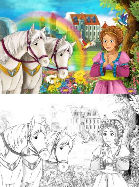 çizgi film sahne güzel Ortaçağ Kalesi şelale ve sayfa - illüstrasyon çocuklar için boyama ile gökkuşağı yakınındaki iki beyaz at izlerken genç prenses ile
