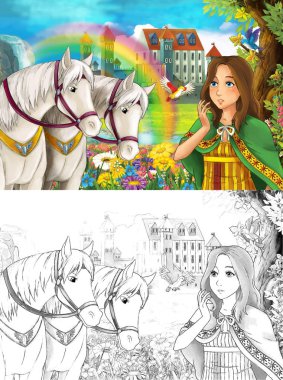 çizgi film sahne güzel Ortaçağ Kalesi şelale ve sayfa - illüstrasyon çocuklar için boyama ile gökkuşağı yakınındaki iki beyaz at izlerken genç prenses ile