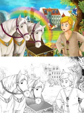 çizgi film sahne Prens ya da bazı güzel gökkuşağı şelale ve Ortaçağ Kalesi - illüstrasyon çocuklar için Kral ile 