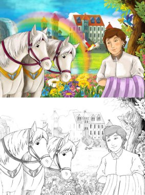 çizgi film masal Sahne alanında yaşlı kadın ile tam çiçek küçük şelale renkli gökkuşağı ve çocuklar için büyük Kalesi - colorign sayfa ile sahne - illüstrasyon