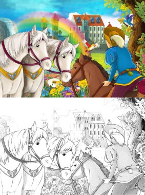 çizgi film Prens yakınındaki çocuklar için orman - güzel kale, gökkuşağı ve şelale içinde belgili tanımlık geçmiş - çizimde iki beyaz at