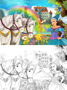 çizgi film sahne güzel Ortaçağ Kalesi şelale ve sayfa - illüstrasyon çocuklar için boyama ile gökkuşağı yakınındaki iki beyaz at izlerken genç prenses ile