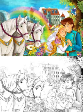 Sahne olan bazı güzel kızla orman toplantıda Prens - şelale Kalesi ve gökkuşağı - beyaz at arka - illüstrasyon çocuklar için çizgi film