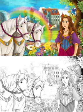 çizgi film sahne güzel Ortaçağ Kalesi şelale ve sayfa - illüstrasyon çocuklar için boyama ile gökkuşağı yakınındaki iki beyaz at izlerken genç prenses ile