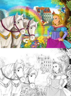 çizgi film sahne güzel Ortaçağ Kalesi şelale ve sayfa - illüstrasyon çocuklar için boyama ile gökkuşağı yakınındaki iki beyaz at izlerken genç prenses ile