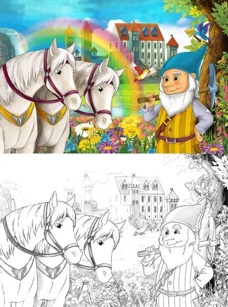 卡通场面与矮小在一些美丽的彩虹瀑布和中世纪城堡附近 与着色页 孩子的例证 — 图库照片